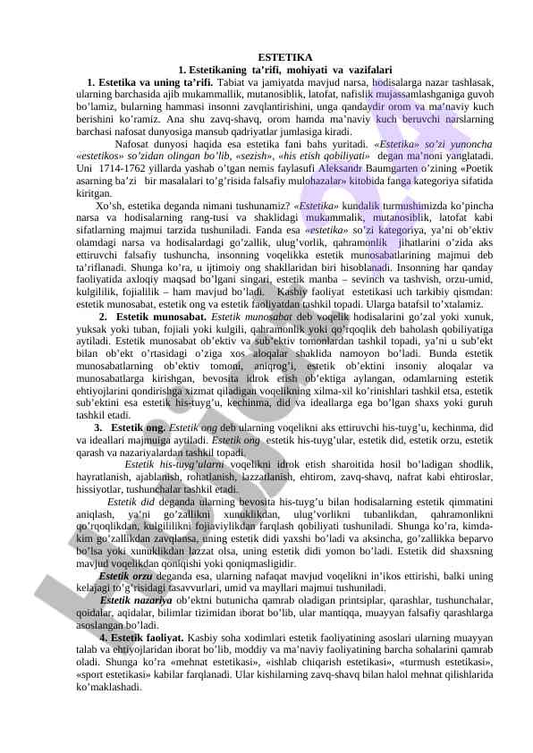 Estetikaning ta’rifi va mohiyati