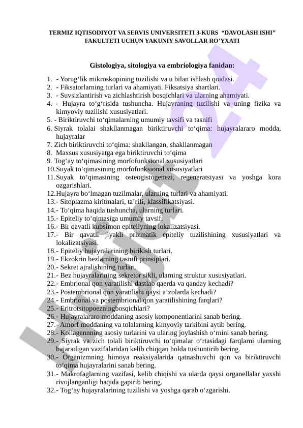 Gistologiya va sitologiya fanidan yakuniy savollar