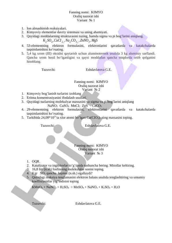 Kimyo oraliq nazorat ishlari bilan tanishing