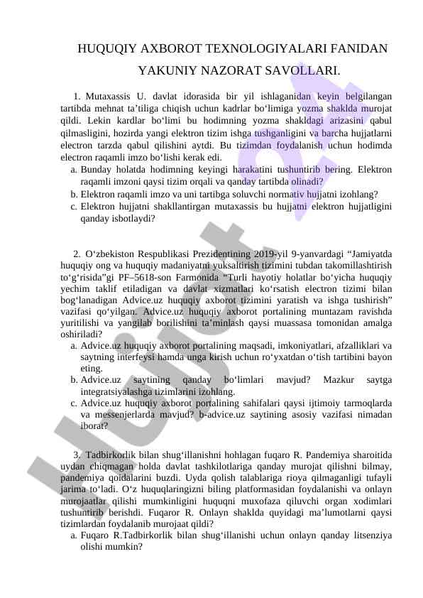 Huquqiy axborot texnologiyalari fanidan nazorat savollari