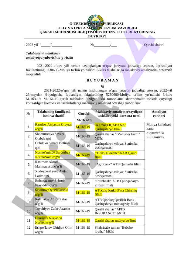 Malakaviy amaliyotga yuborish buyrug‘i