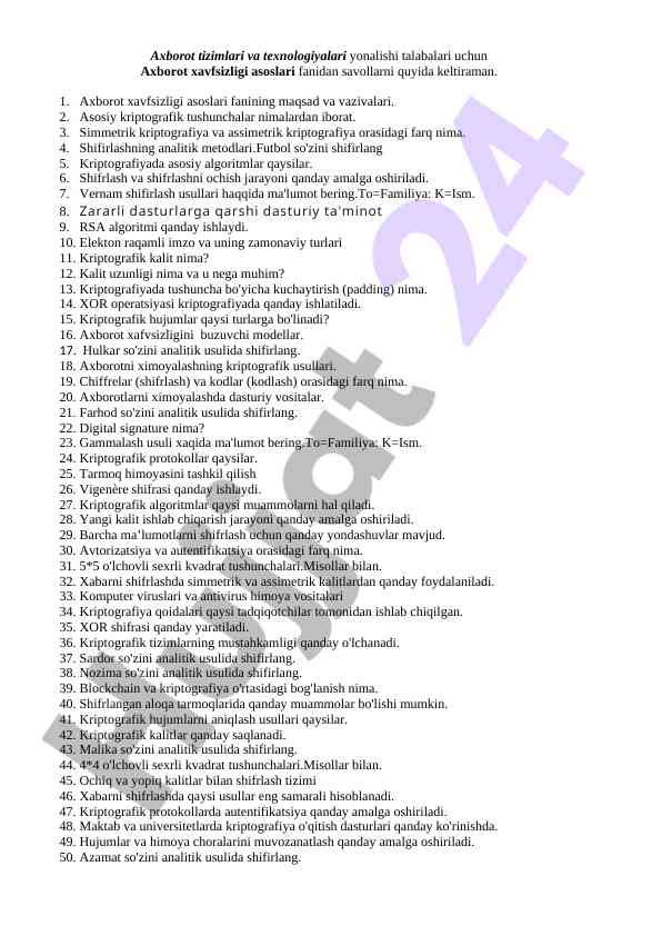 Axborot xavfsizligi asoslari savollari