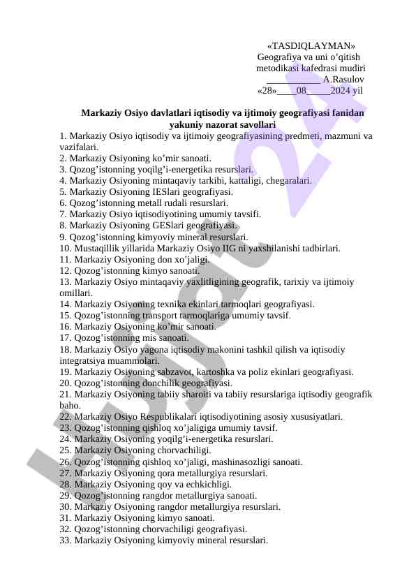 Markaziy osiyo iqtisodiy va ijtimoiy geografiyasi