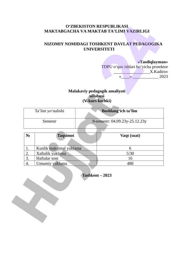 Malakaviy pedagogik amaliyoti sillabusi