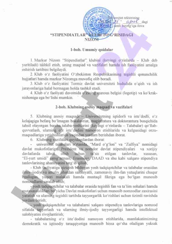 Stipendiatlar klubining tashkil etish nizomi
