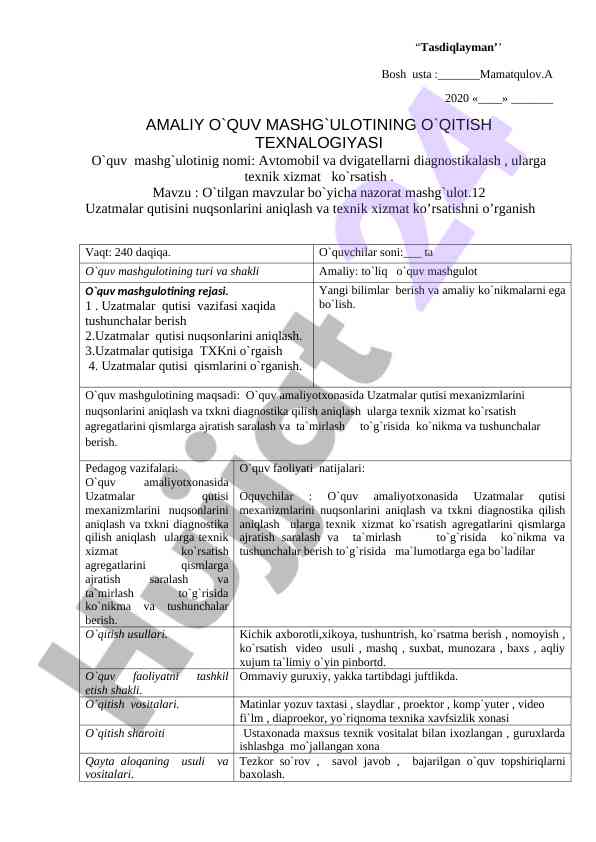 Avtomobil diagnostikasi va texnik xizmat kursi rejasi