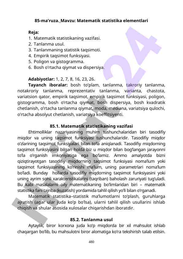 Matematik statistika elementlari va taqsimot funksiyalari