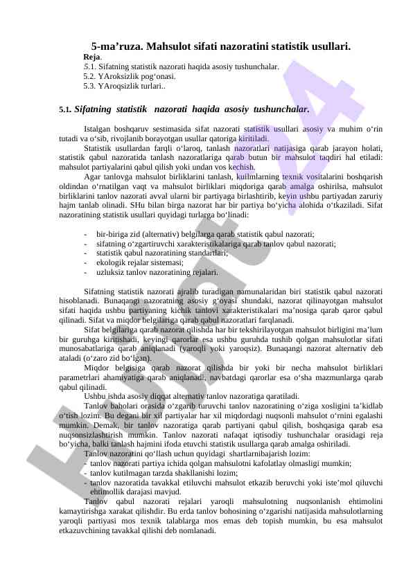 Mahsulot sifati nazoratining statistika usullari