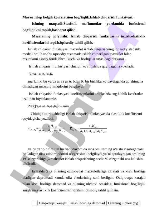 Kop belgili korrelatsion bog’liqlik va ishlab chiqarish funksiyasi