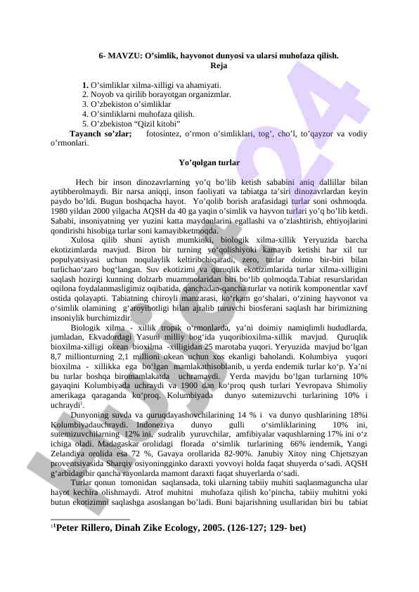 O’simlik va hayvonot dunyosini muhofaza qilish