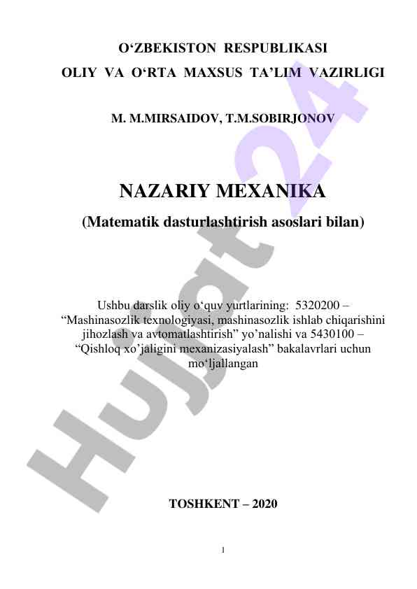 Nazariy mexanika asoslari bilan darslik