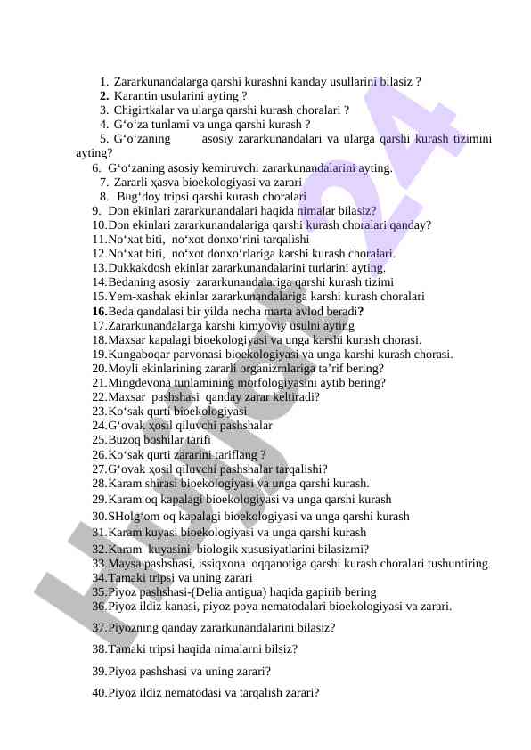Zararkunandalar bilan kurash usullari va bioekologiya