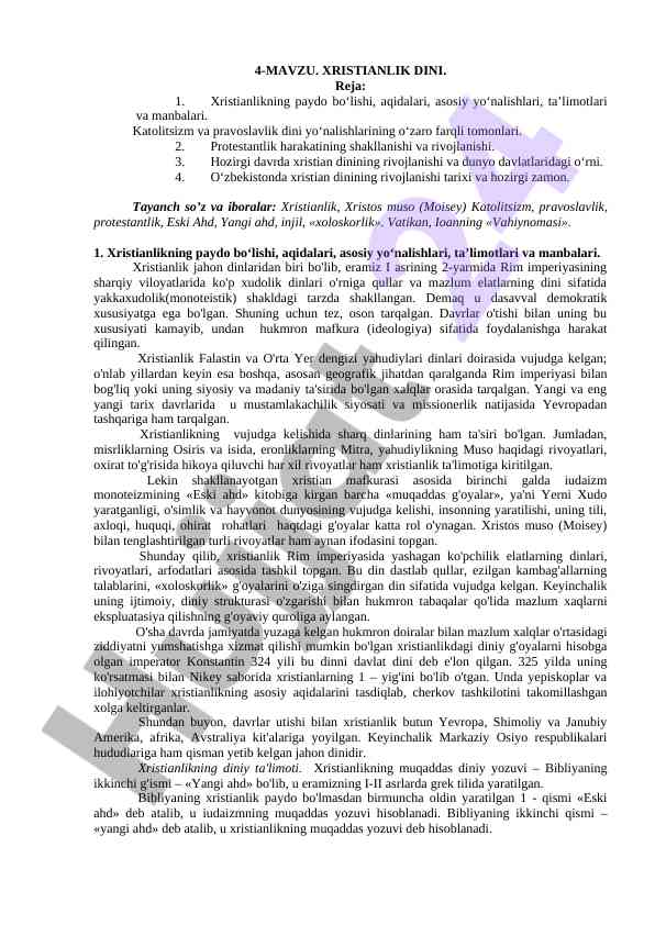 Xristianlik dinining asosiy yo‘nalishlari