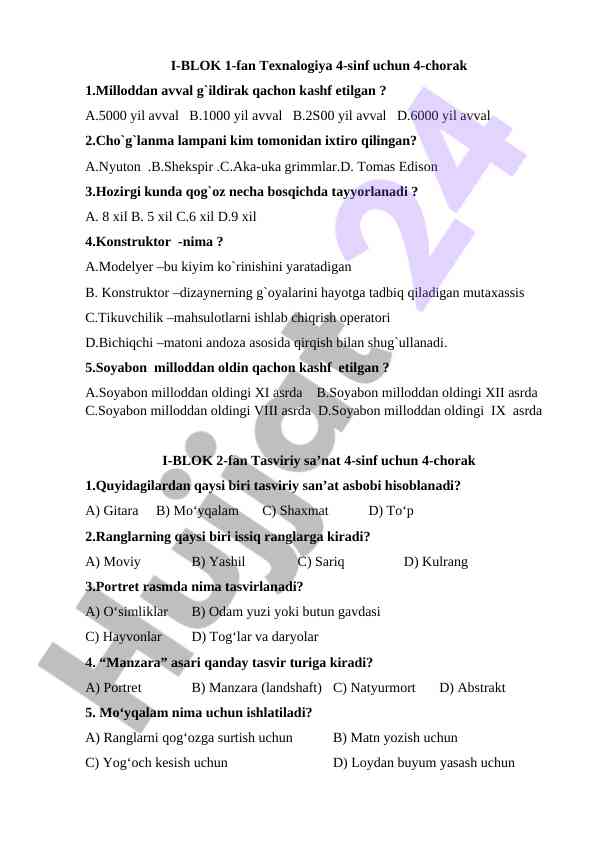 Texnologiya 4-sinf test savollari 4-chorak