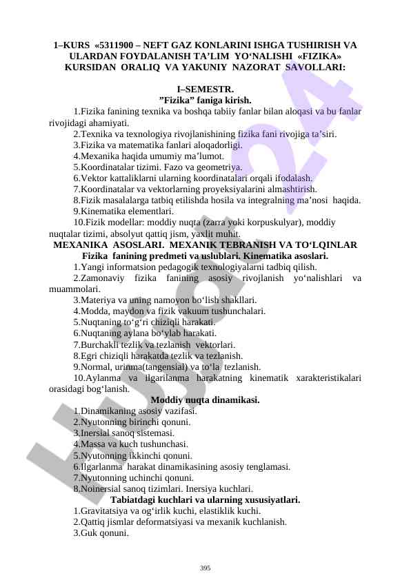 Fizika kursi bo'yicha nazorat savollari