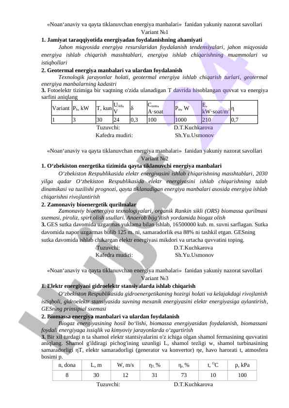 Noan‘anaviy energiya manbalari yuzasidan nazorat savollari