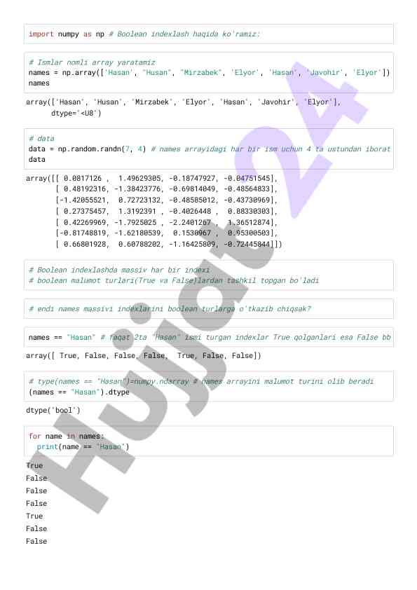 Boolean indexlash bo'yicha dars ishlanmasi