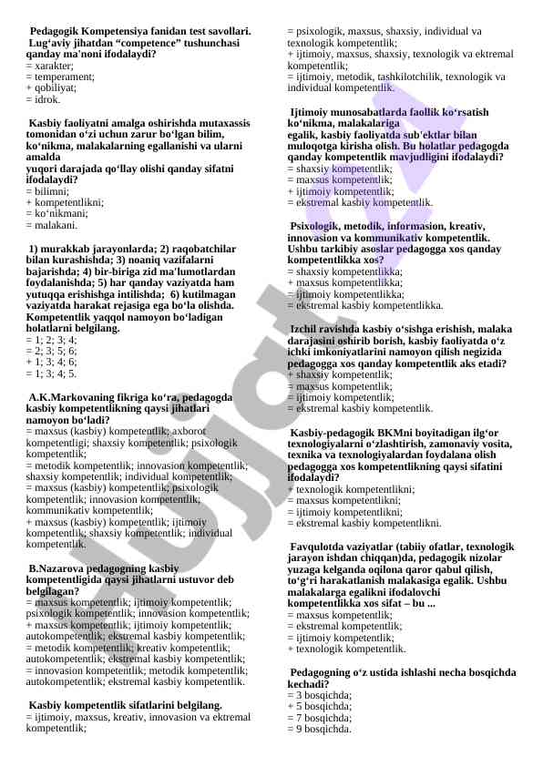 Pedagogik kompetensiya fanidan test savollari