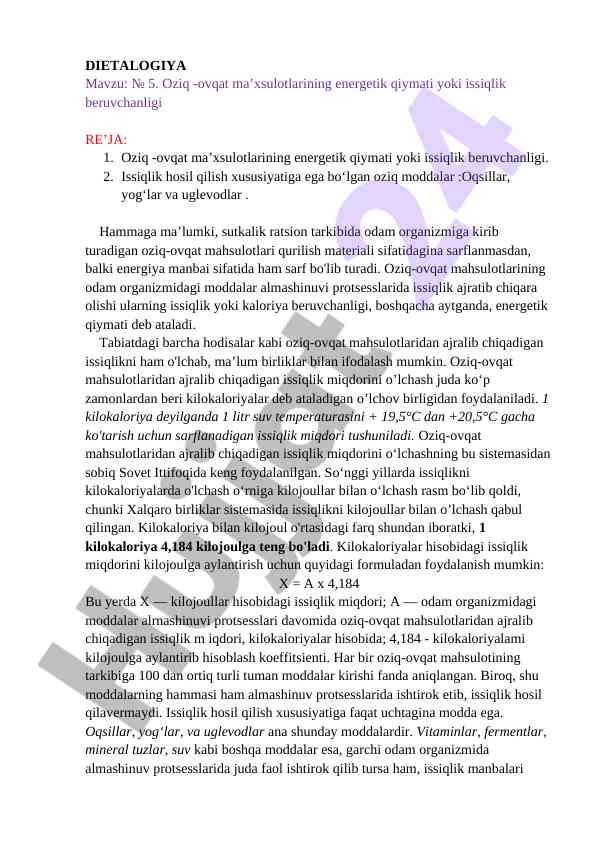 Oziq-ovqot mahsulotlarining energetik qiymati