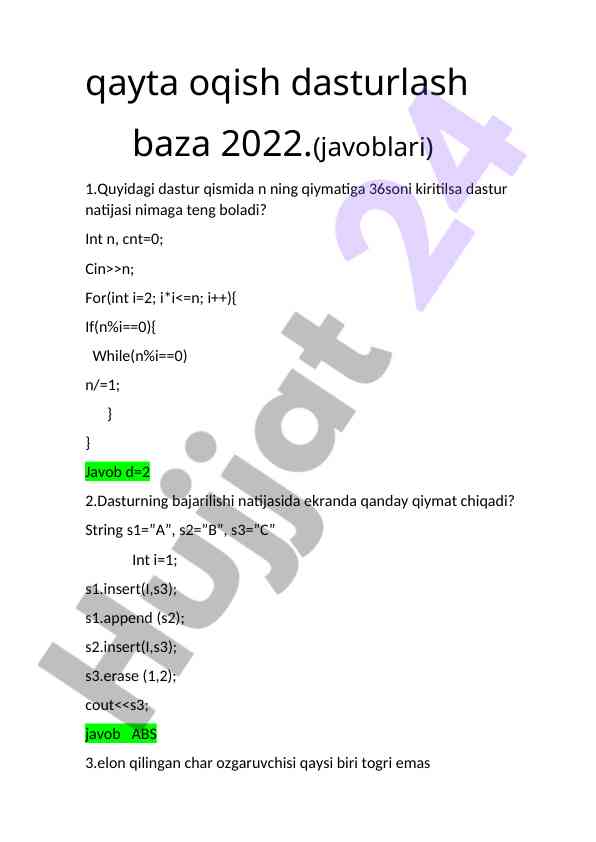 Dasturlash savollari va javoblari 2022