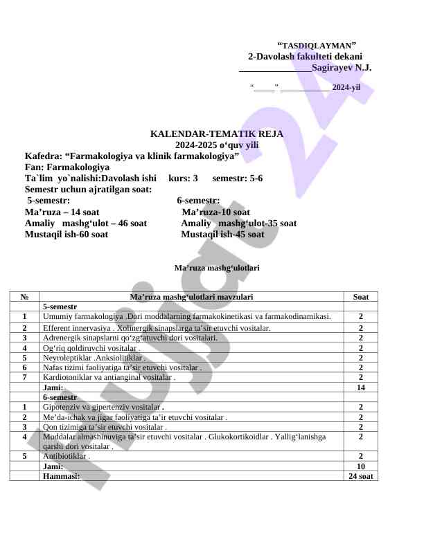 Kalendar-tematik reja 2024-2025 o‘quv yili