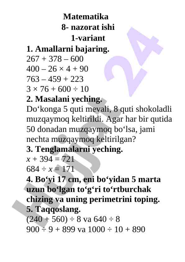 Matematika nazorat ishi 8- sinf variantlar