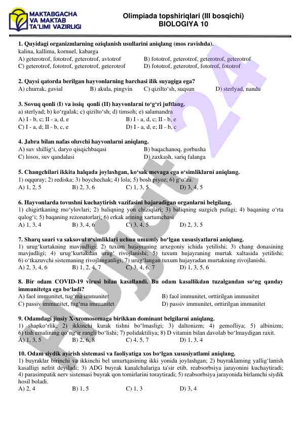 Olimpiada topshirig‘i biologiya 10 sinf