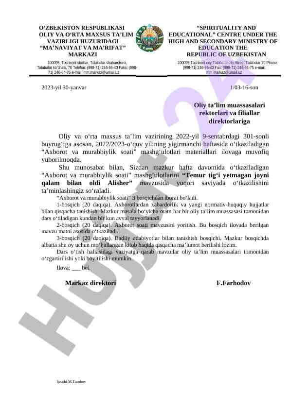 Axborot va murabbiylik soati mashg‘ulotlari