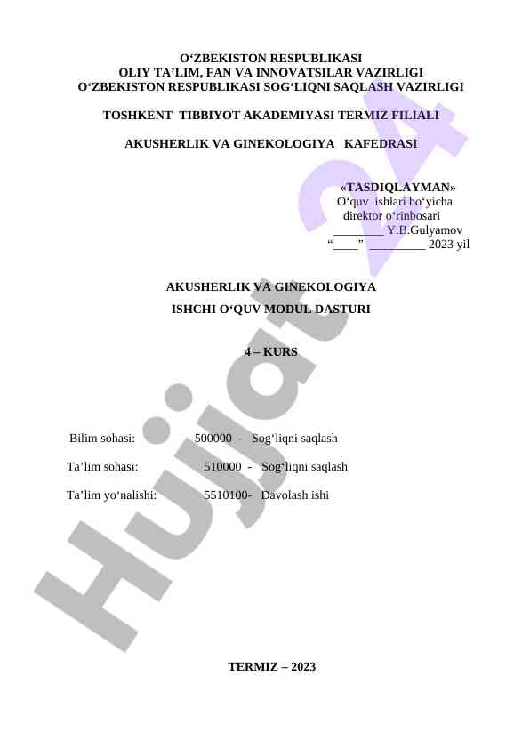 Akusherlik va ginekologiya ishchi o‘quv modul dasturi