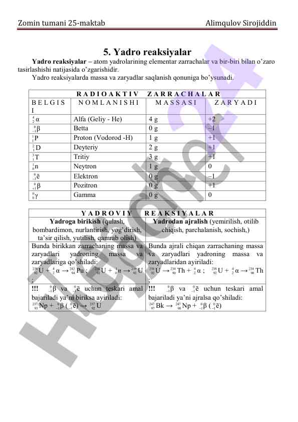 Yadro reaksiyalarining asosiy turlarini o'rganish
