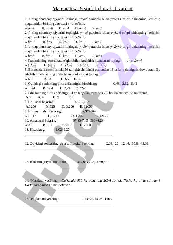 Matematika 9 sinf i-chorak savollari