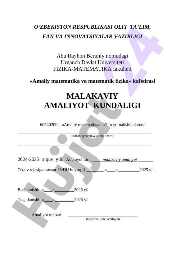 Malakaviy amaliyot kundaligi uchun namuna