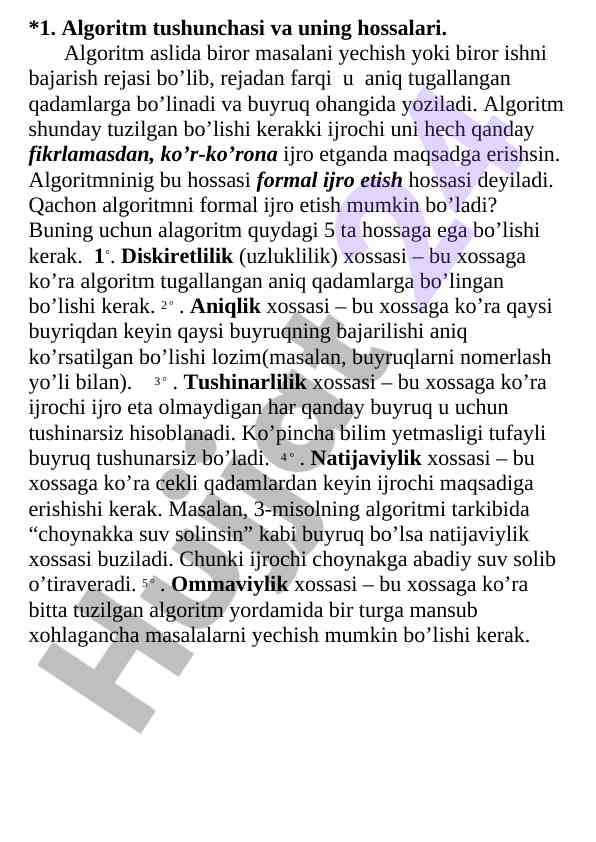 Algoritm tushunchasi va uning hossalari