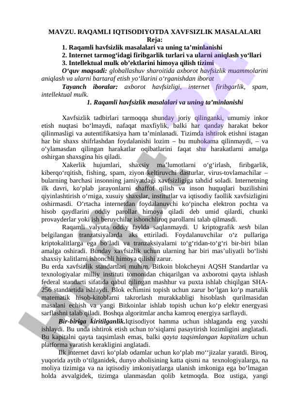 Raqamli iqtisodiyotda xavfsizlik masalalari