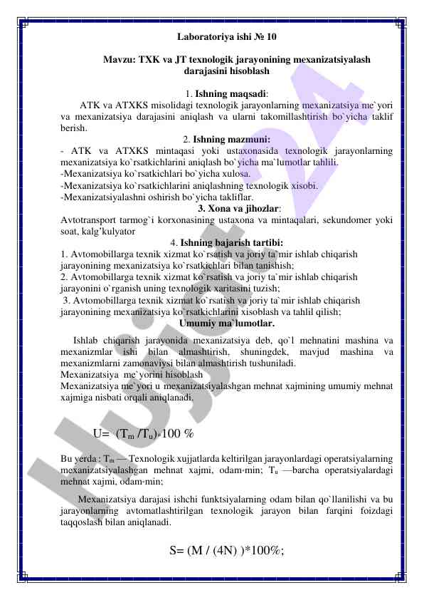 Texnologik jarayonlarning mexanizatsiya ko‘rsatkichlari