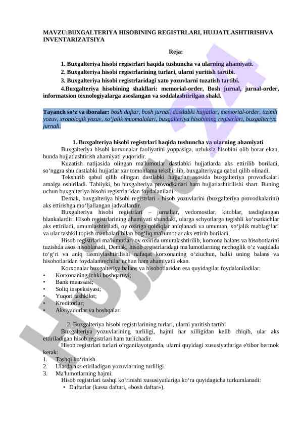 Buxgalteriya hisobi registrlari va hujjatlashtirish