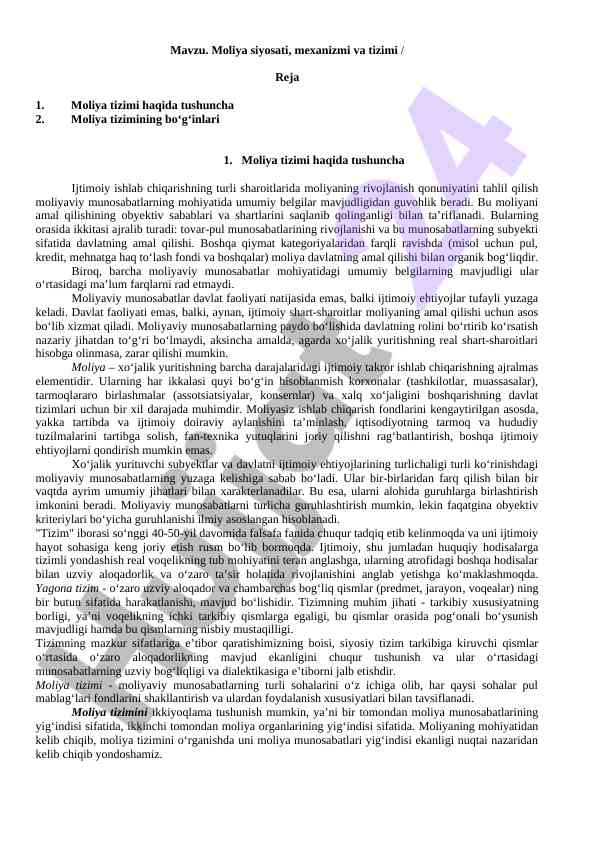 Moliya siyosati va tizimining mexanizmi tahlili
