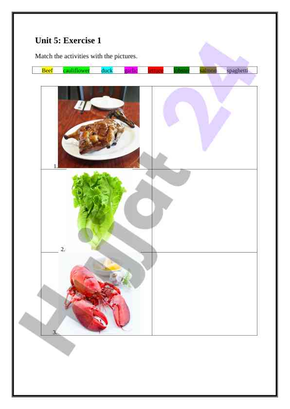 Unit 5 exercise activities for cooking and food