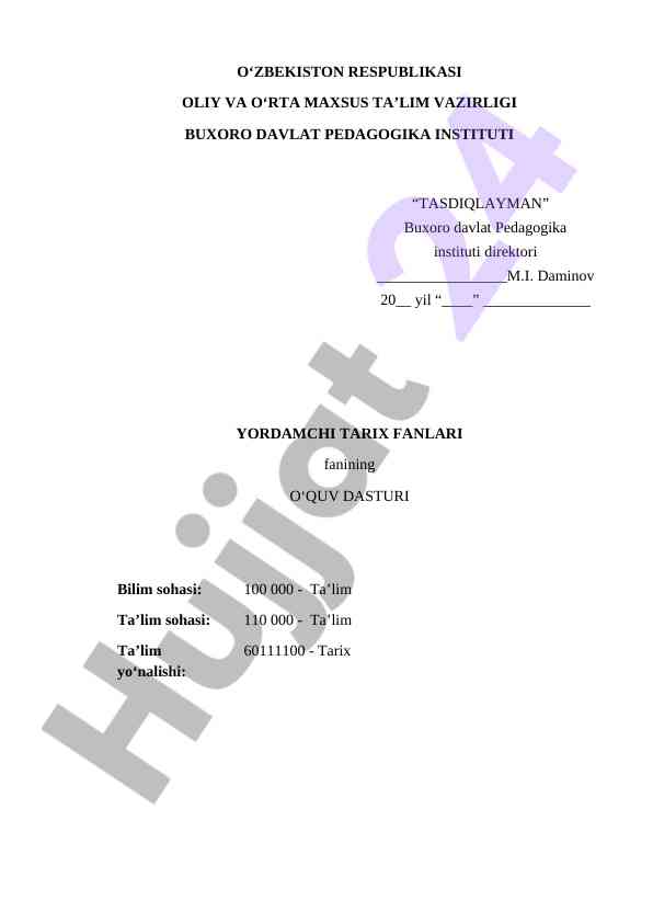 Yordamchi tarix fanlari o‘quv dasturi 2022