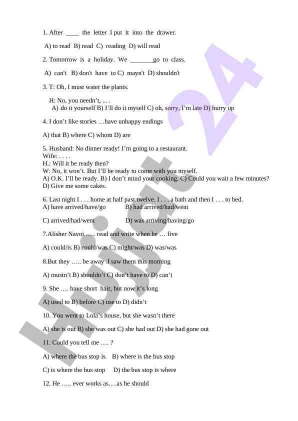 English grammar test questions and answers
