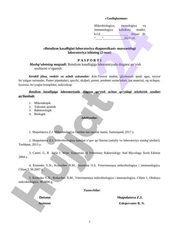 Botulizm kasalligini laboratoriya diagnostikasi