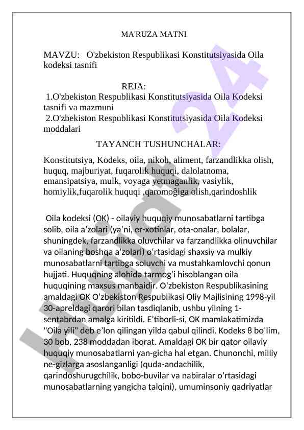 O'zbekiston respublikasi oila kodeksi tasnifi