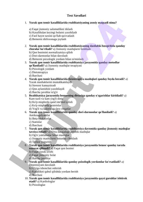 Yurak qon tomir kasalliklari uchun reablitatsiya testi