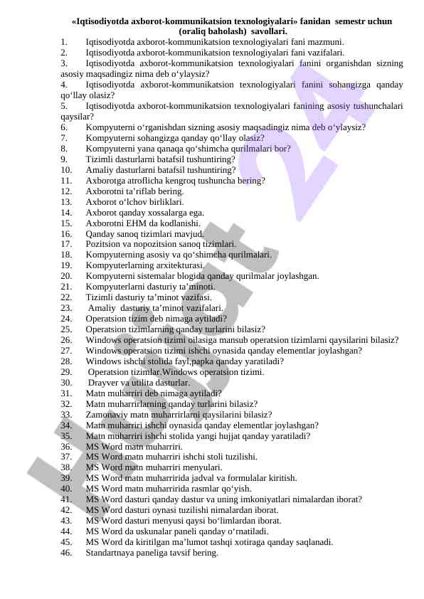 Iqtisodiyotda axborot-kommunikatsion texnologiyalari savollari