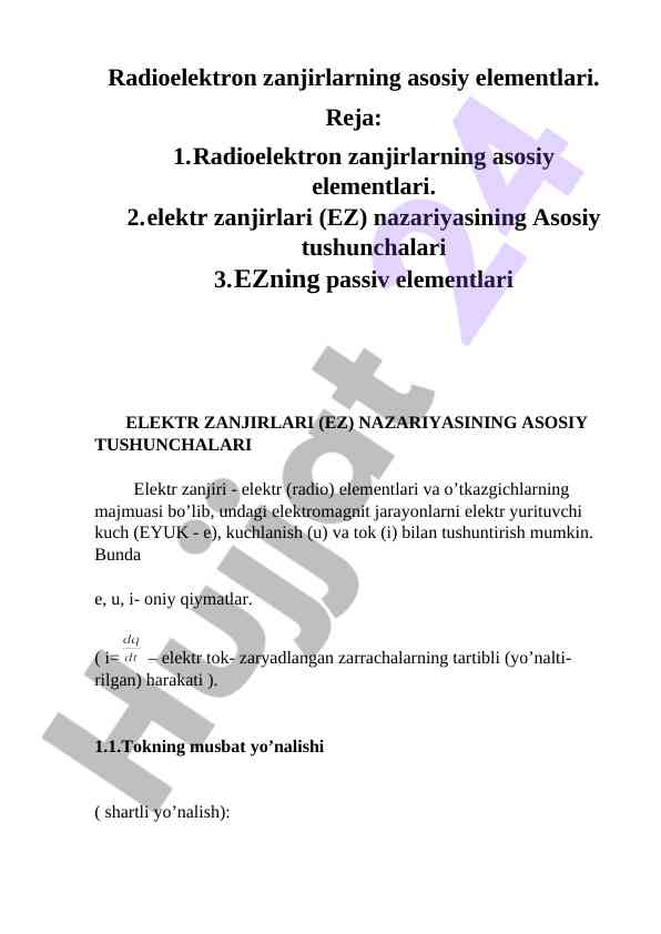 Radioelektron zanjirlarining asosiy elementlari