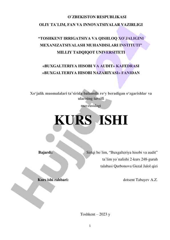 Balansdagi o‘zgarishlar va ularning tavsifi kurs ishi