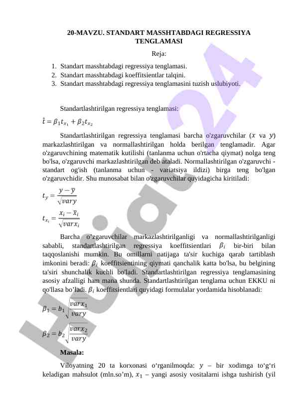 Standart masshtabdagi regressiya tenglamasi tahlili