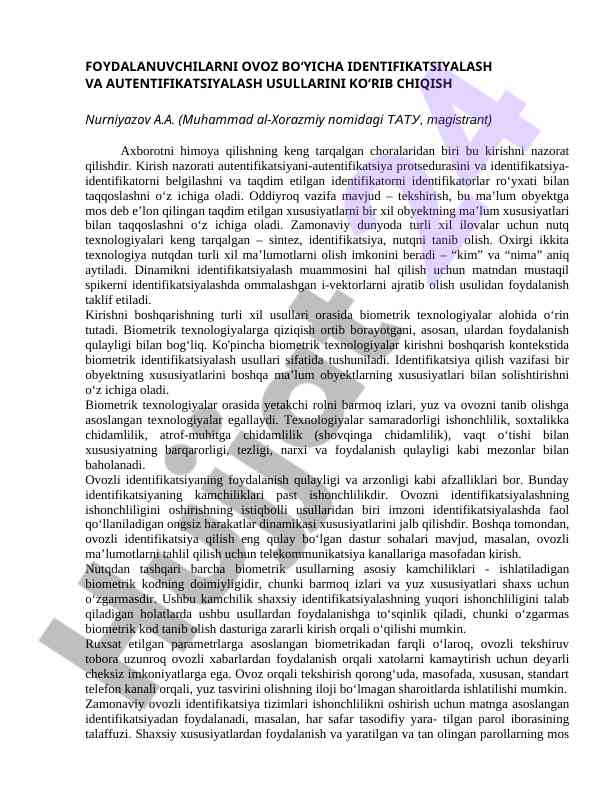 Ovoz bo‘yicha identifikatsiyalash va avtentifikatsiyalash usullari