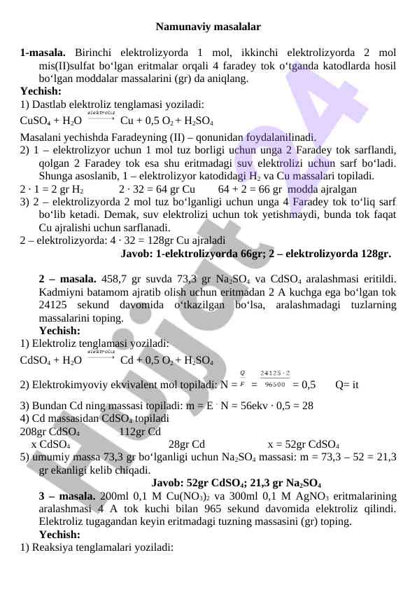 Elektrolizda qayta olingan moddalar massalari