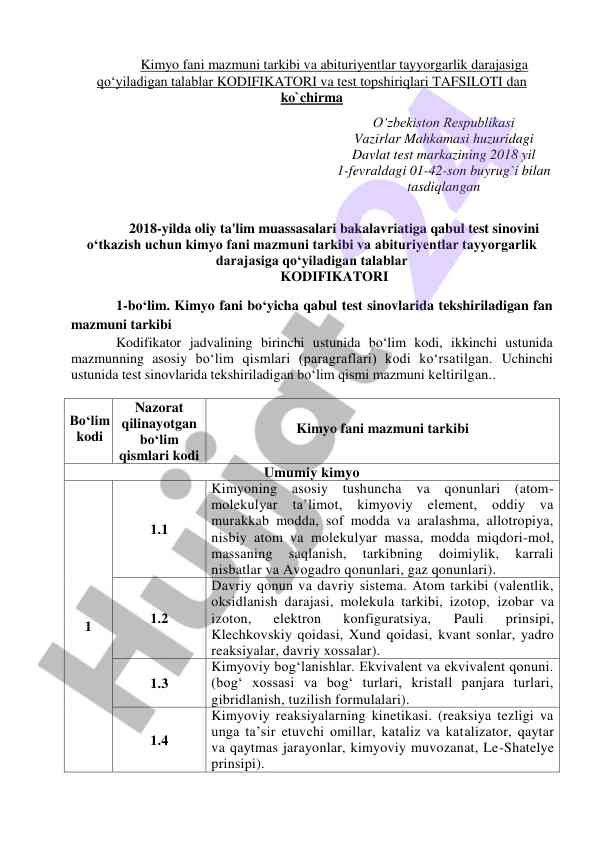 Kimyo fani mazmuni va abituriyentlar talablar